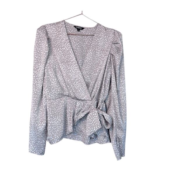 Express factory faux wrap with side tie puff sleeve satin blouse size medium - Picture 1 of 7